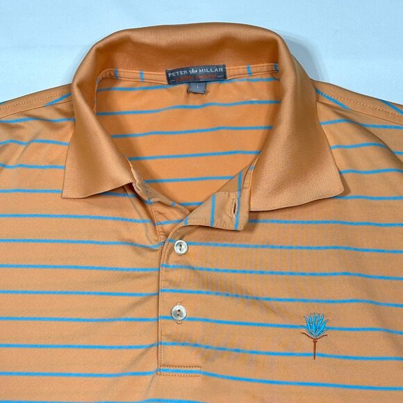 Peter Millar Summer Comfort Orange Striped Performance Golf Polo Shirt Mens L - Picture 2 of 6